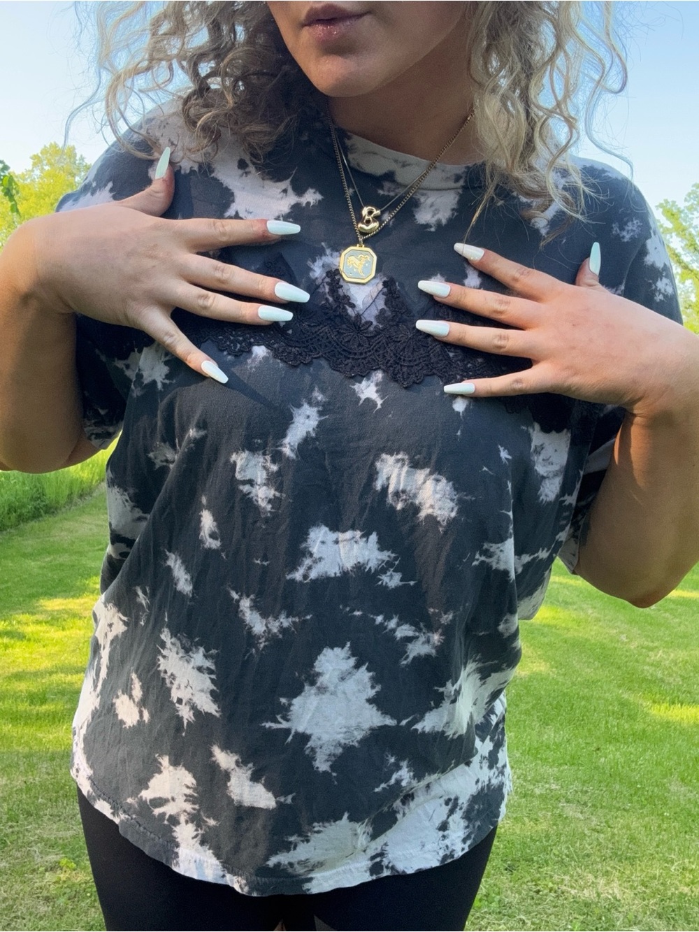 Acid Washed Oversized Buckle Tee W/ Lace Appliqué ✨